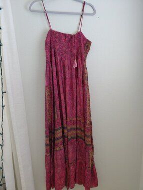 RAGA Pink Flowy Boho Maxi Dress Smocked Tassels Spaghetti Straps